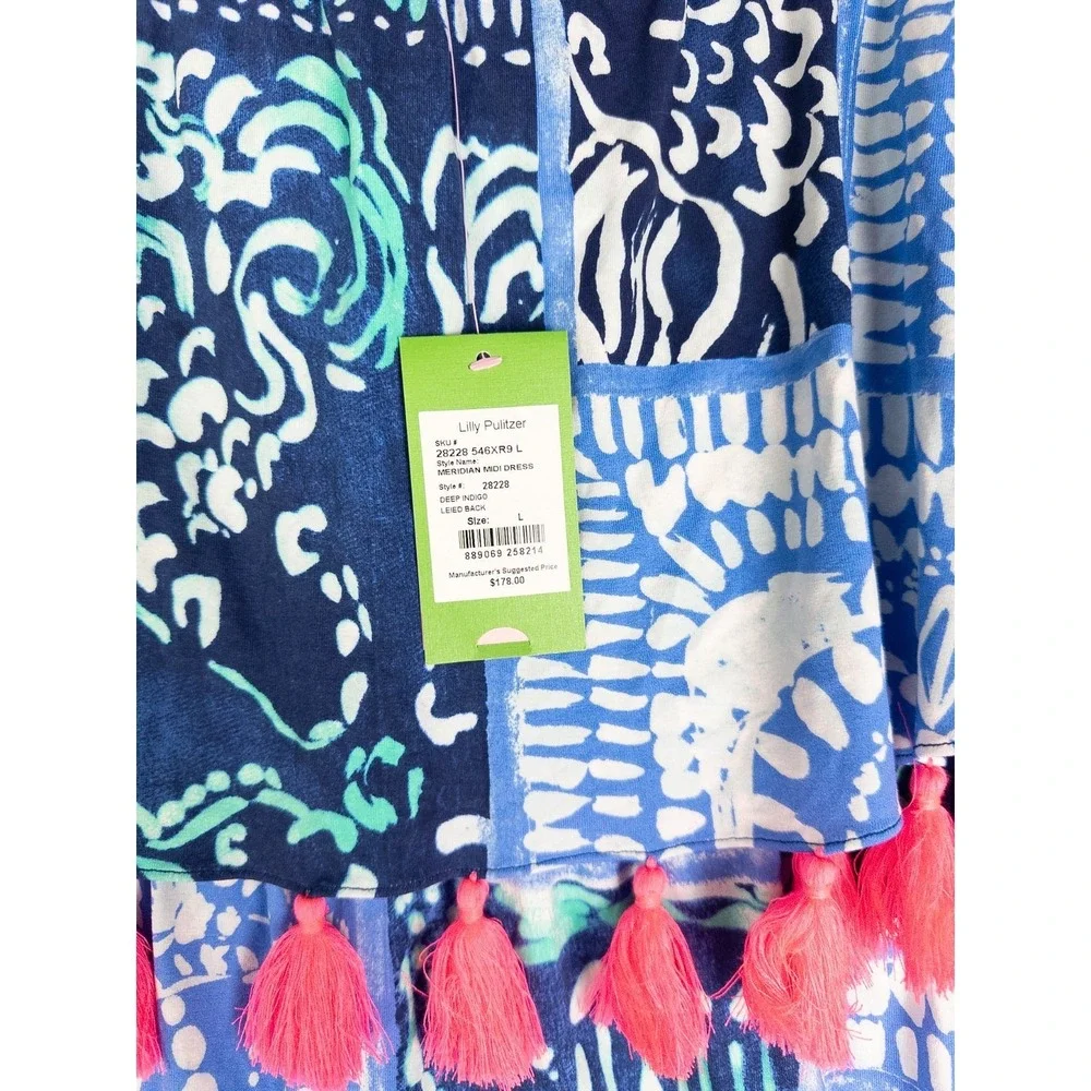 NWT Lilly Pulitzer Meridian Midi Dress Womens L Indigo Black Off Shoulder Pom Po